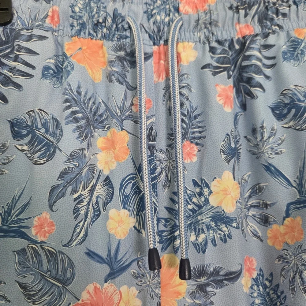 Peter Millar Mens Tropical/ Floral Print Blue Swim Trunks Elastic Waist Size LG
